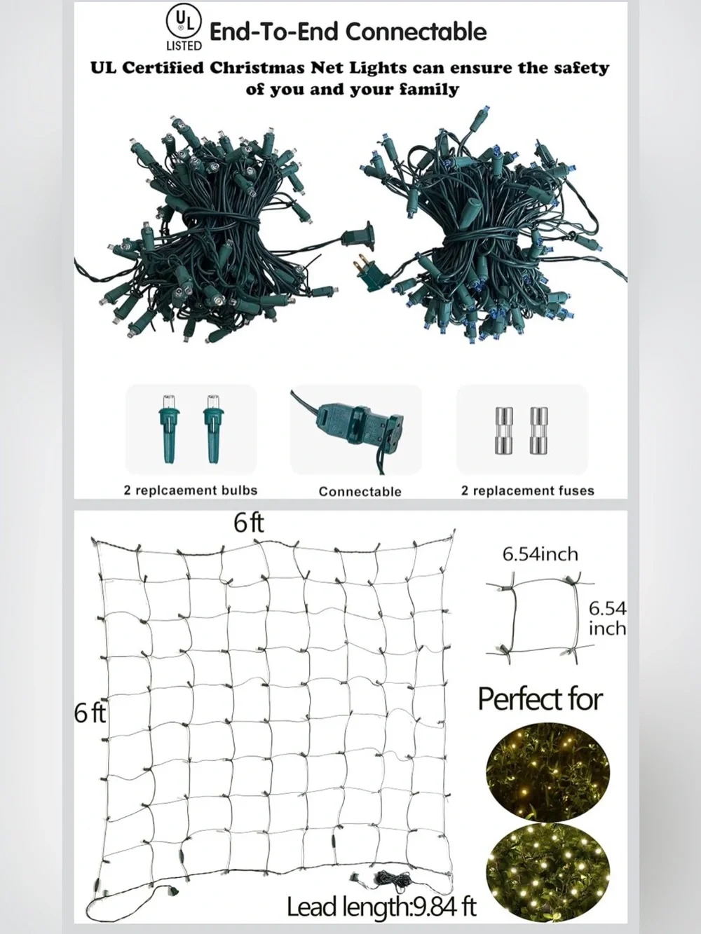 LED Christmas Net Lights Outdoor Decorations for Bushes,144LED 6ftx6ft Connectab